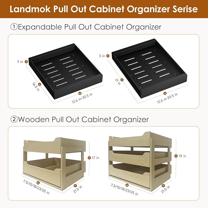 1 Pack Expandable Pull Out Cabinet Organizer 16.5" Deep, Adjustable Width 12.6"-20.5", No Drill Adhesive with Triple Track Rails, Heavy Duty Slide Out Drawers for Kitchen,Pantry,Cabinets,Black
