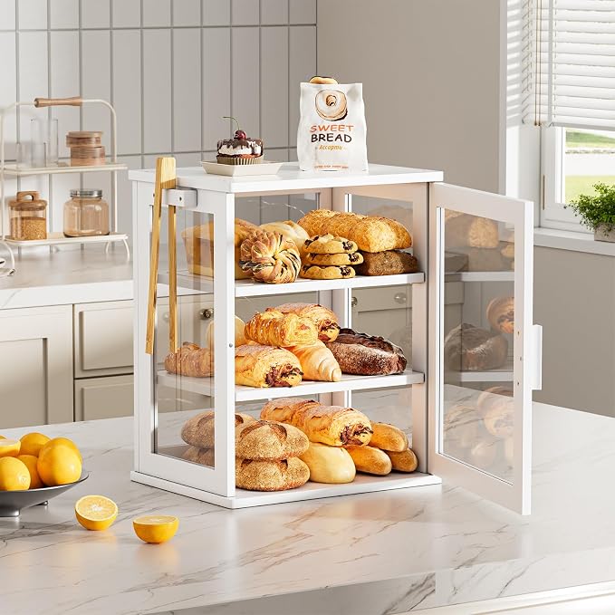 WOWLIVE Bread Box for Kitchen Countertop, Large 3 Layers Bread Storage Container for Homemade Bread with Window, Farmhouse Breadbox Organizer for Kitchen, Cabinet, Pantry (White, Meduim)