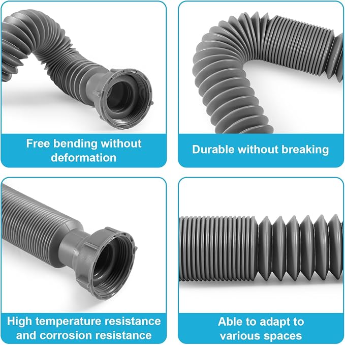 1-1/2" Flexible Sink Drain Pipe, Expandable Drain Hose, Adjustable Under Sink Drain Extension Tube 10" to 24.4", Thickened PP Sink Drain Replacement Hose for Kitchen Bathroom RV Sink, 2 Pack