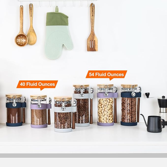KKC 40oz Airtight Glass Coffee Canister with Bamboo Lid & Scoop - Clear Bean Storage Jar for Ground or Whole Beans, Preserves Freshness - Modern Coffee Bar Accessory