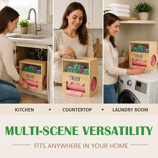 2-in-1 Trash Bag Dispenser & Dishwasher Laundry Pods Container, Large Wooden Trash Bag Holder with Magnetic Flip Lids, Garbage Bag Dispenser for Kitchen Pantry Laundry Room Under Sink Organizer