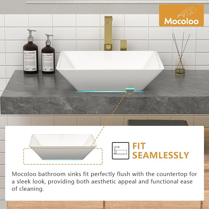 Mocoloo White Vessel Sink 16 x 16 Inch Square Ceramic Bathroom Sinks Above Counter Porcelain Vanity Top Sinks Square Countertop Modern Bathroom Sink 16 Inch Single Art Basin