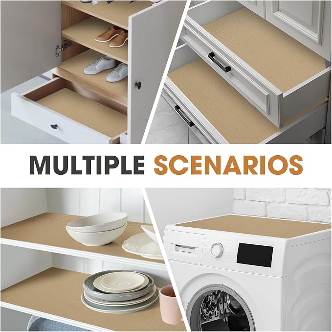 Drawer and Shelf Liner, Non-Slip Kitchen Cabinet Liners Non-Adhesive Thick Strong Grip Waterproof Washable Mats Protect Dresser Shelves Cupboard Bathroom Cabinets, Beige, 12 in X 20 FT