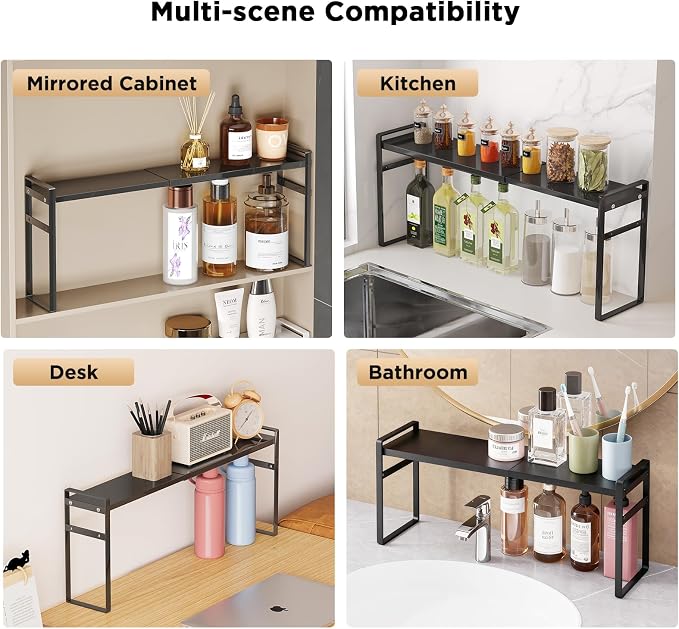 Expandable Narrow Shelf Organizer, Tall Countertop Organizer for Tight Spaces, Windowsill Plant Stand, Over-Sink/Faucet Shelf, Kitchen Counter Storage, Bathroom Vanity, Laundry Room (Black)