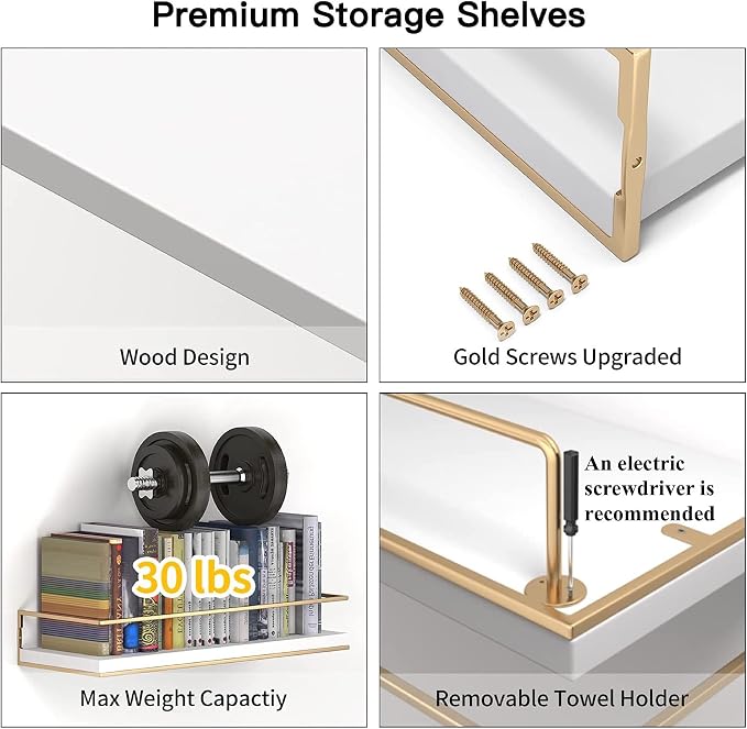 Shario White Floating Shelves - Set of 2, Wall Mounted Hanging Shelves with Golden Towel Rack, Decorative Storage Shelves for Bathroom, Kitchen, Living Room & Bedroom (White Gold, 15.7 Inches) | Hanging Shelves