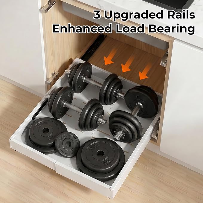 UFORU Pull Out Cabinet Organizer,4-Side Expandable Slide Out Drawer with 3 Rails, Adjustable Width 11.4"-18.9" & Depth 16.3"-21.7", No Drill Adhesive or Nail Fixed Roll Out Shelves for Kitchen, Pantry