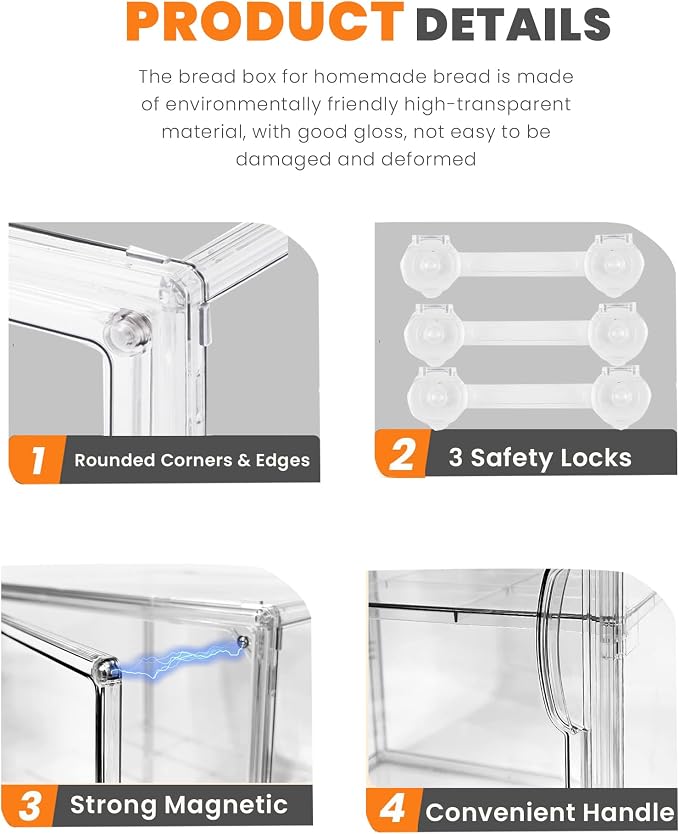 Bread Box,Large Bread Boxs for Kitchen Countertop - 4 Layers Adjustable Bread Storage Container,Clear Boxes for Kitchen Counter, Breads Box Airtight,Bread Holder,Perfect for Bagel Muffins(transparent)