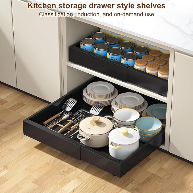Expandable Pull Out Cabinet Organizer 16.5"Deep, 12.4-20.4" Slide Out Drawers for Kitchen Cabinet,Adjustable Cabinet Drawer for Pot/Pan,Pull Out Shelves Fixed with Adhesive Film or Screws(black)