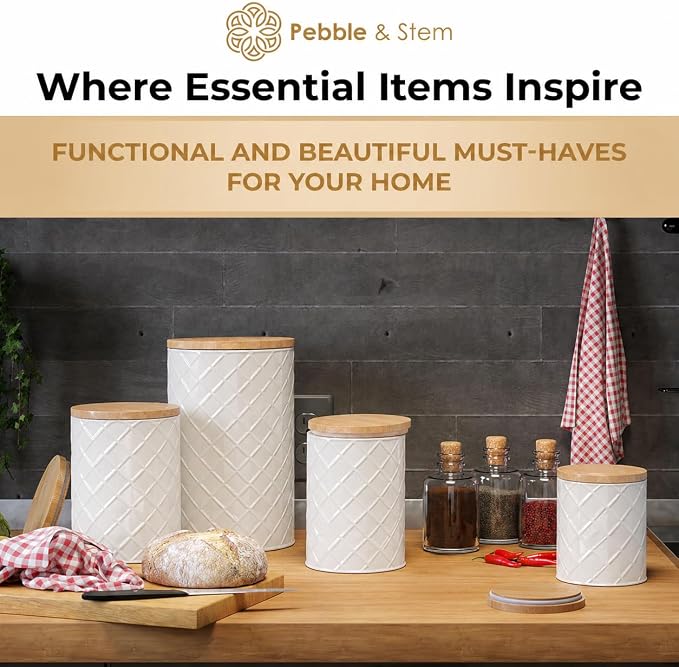 Pebble & Stem® Cream Metal Canister Set for the Kitchen Counter, Food Canister Set of 4, Airtight Lids, Sugar and Flour Containers for Countertops, Coffee and Tea Storage, Farmhouse Decor