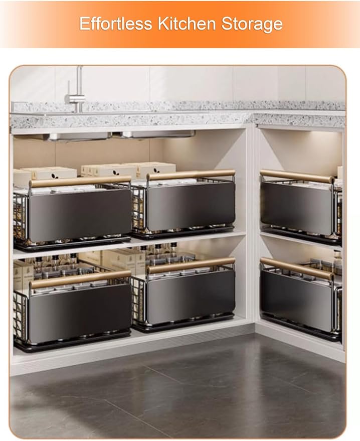 No-Drill Pull Out Drawers for Kitchen Cabinets - Adjustable Non-Slip Feet, Easy Installation, Space-Saving Storage Solution (Black, 23.5x39.5x11 cm)