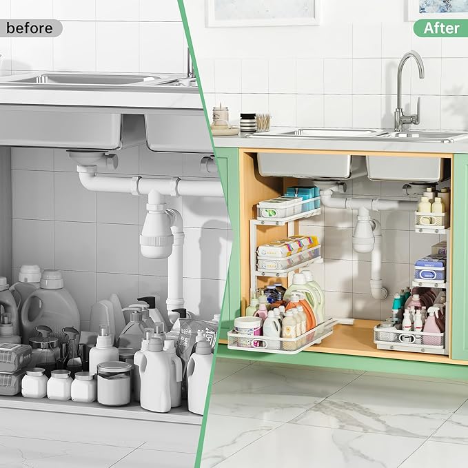 Under Sink Organizer, White, 3-Tier, 2 Pack | Height Adjustable, Thickened Metal, Pull Out Cabinet Organizer Shelf, Space-Saving Slide Out Storage Drawer Rack