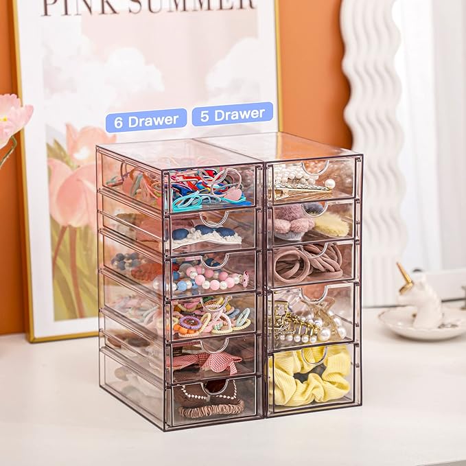 FABROK Clear Hair Accessory Organizer Box with 6 Drawers | Compact Storage Organization, For Cosmetics, Glasses, Stationery, Stackable Storage Containers, For Bathroom, Closet, Office