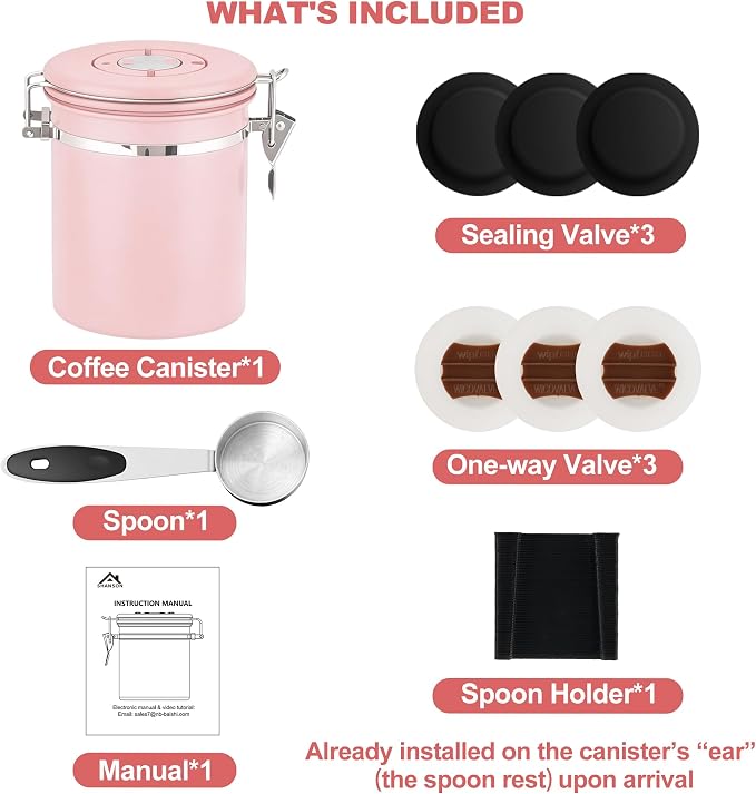 ShanSon Coffee Canister Airtight, Stainless Steel Bean Storage Container with Date Tracker & Scoop, Grounds Sugar Flour Tea Cereal Fits Kitchen Pantry, Ideal Gift for Coffee Lovers,22oz, Pink