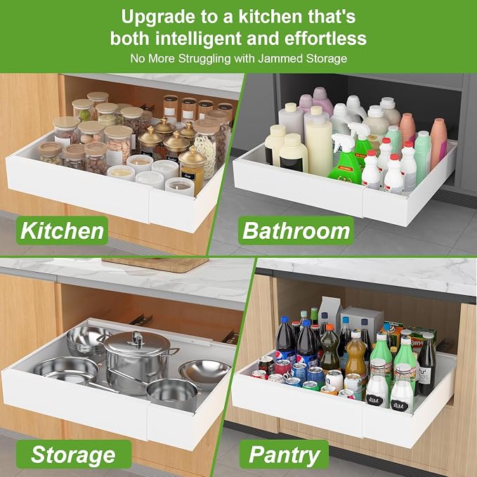 ANTOWIN 2-Pack Expandable Pull Out Cabinet Organizer 21"Deep(12.2"-20.5"W), 3 Full Extension Glides Slide Out Drawers, Roll Out Shelves Adhesive Raising Pad,Compatible Framed Cabinets,90lb Cap,White