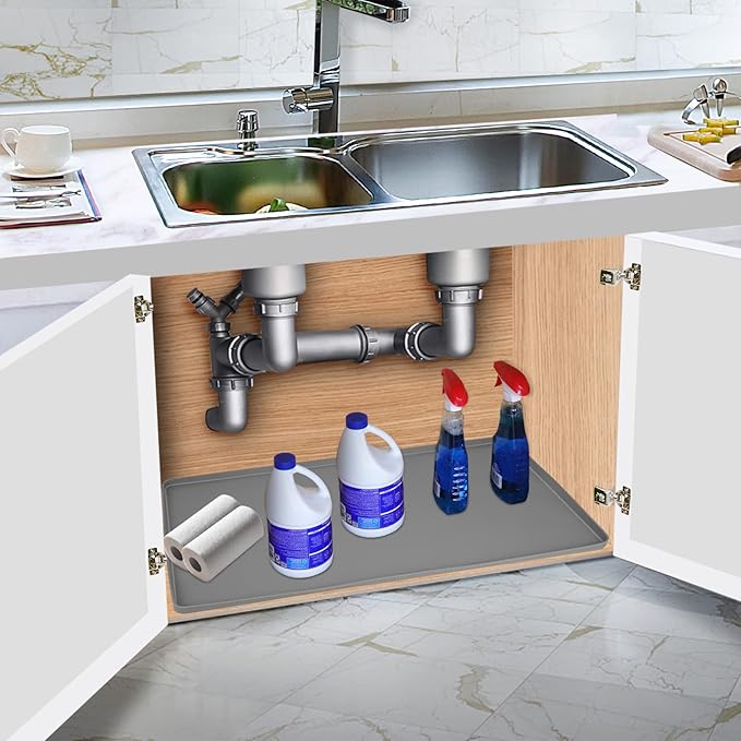 BEESVO Under Sink Mat for Kitchen Waterproof, 34" x 19" Silicone Under Sink Liner Kitchen & Bathroom Cabinet Protector Mats, Heavy Duty Flexible Under Sink Drip Tray with Lip, Cool Grey