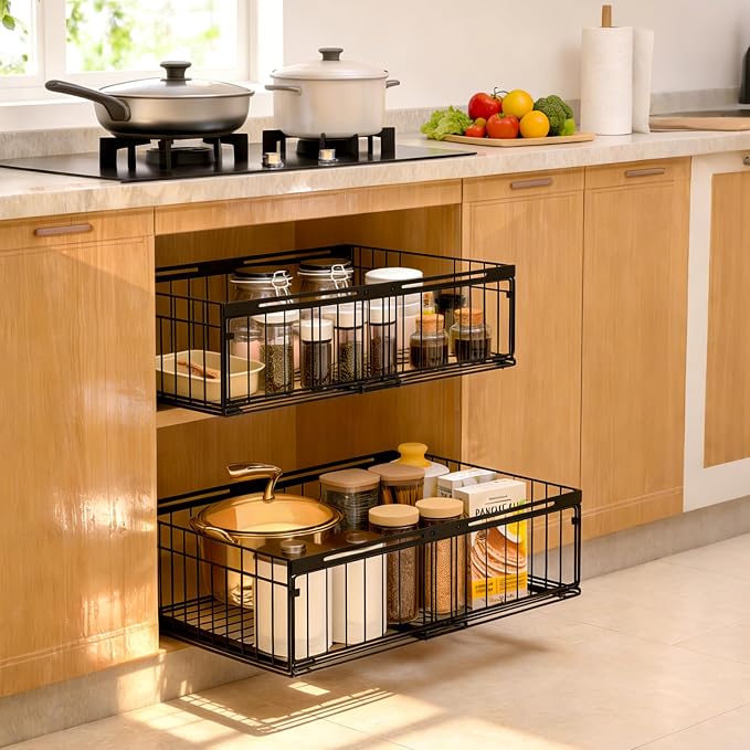 Expandable Pull Out Cabinet Organizer Adjustable Width 13"-20", Kitchen Organization with Adhesive.Bathroom Under Sink Organizers and Storage,Bedroom Slide out Drawers,Pantry