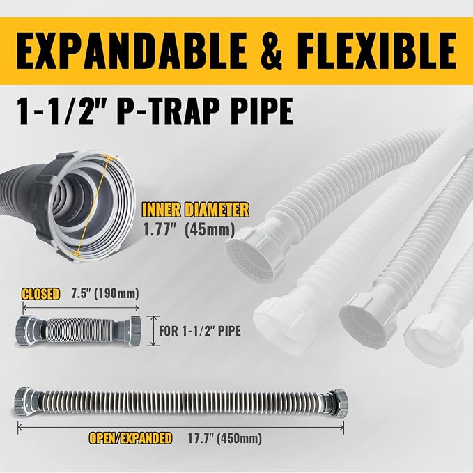 VIVIDA Sink Drain Pipe 1-1/2", Flexible Drain Pipe, 7.5"-17.7" Expandable Flexible P Trap for Bathroom and Kitchen, Under Sink Plumbing, 1-1/4" Adapter Included, Gray, 1 PACK
