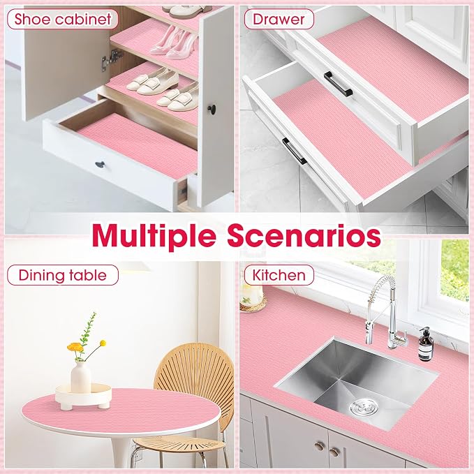 Drawer and Shelf Liner, Non-Slip Kitchen Cabinet Liners Non-Adhesive Thick Strong Grip Waterproof Washable Mats Protect Dresser Shelves Cupboard Bathroom Cabinets, Pink, 12 in X 20 FT