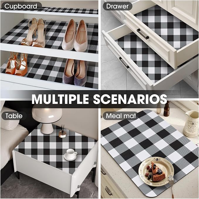 Drawer and Shelf Liner, Non-Slip Kitchen Cabinet Liners Non-Adhesive Thick Strong Grip Waterproof Washable Mats Protect Dresser Shelves Cupboard Bathroom Cabinets, Buffalo Plaid, 12 in X 20 FT
