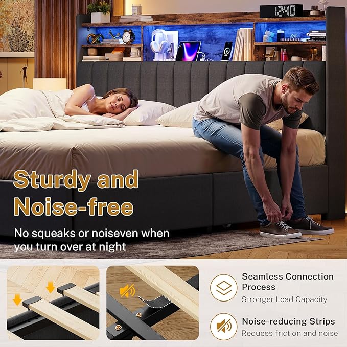 TEENFON King Size Bed Frame with Headboard and 4 Drawers Storage, Bed Frame King Built in LED Lights and Charging Station, Sturdy & Noise-Free Upholstered Platform Metal Bed, Dark Grey