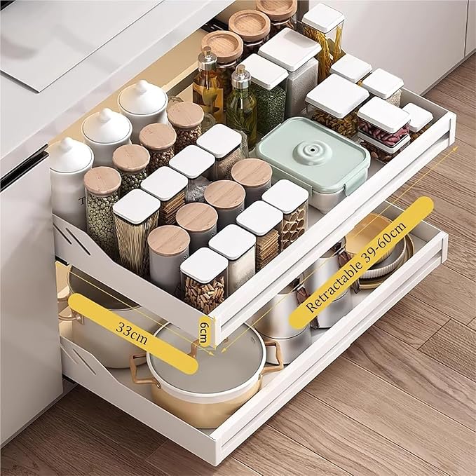 Pull out Cabinet Organizer,Under Sink Organizer, Home Office Organization Hidden Storage Pantry Shelf,No Need Drill and Nailing,for Kitchen Cupboard Cabinet.(White)