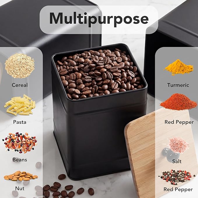 PERFNIQUE Kitchen Canisters for Countertop Set of 3, Airtight Canisters Sets for the Kitchen Counter with Lid, Metal Farmhouse Food Storage Containers Jars for Flour Sugar Coffee Tea Spice (Black)