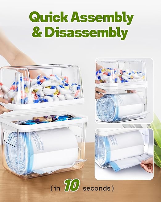 Kaen Trash Bag and Laundry Pods Dispenser - 3 in 1 Garbage Bag Holder for 13/30/33 Gallon Bags, Clear Storage Bins Dishwasher Pods Container for Under Sink Organizer Laundry Room Organization