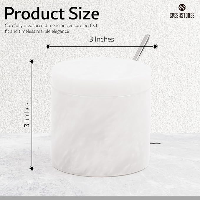 White Marble Salt Cellar 3 Inch Handmade Stone Salt Containers for Countertop, 5.2 oz Sugar Jar with Lid and Spoon, Salt Bowl, Marble Salt Holder to Store Spice, Table & Flaky Salt