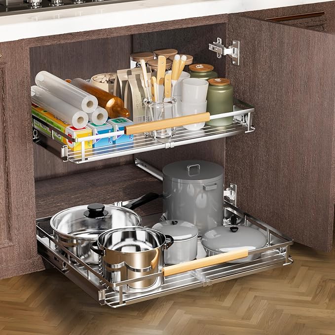 2 Pack Expandable Pull Out Cabinet Organizer,Side Mounting 16.3~26.3"x17.3"Cabinet Pull Out Shelves, Expandable Slide Out Spice Rack for Kitchen Bathroom Office