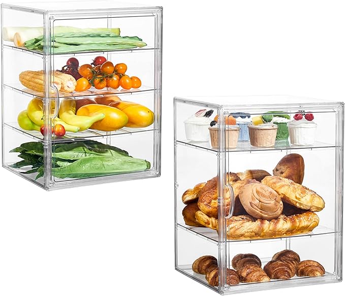 SANKEU Pastry Display Case,Bread Box for Kitchen Countertop,4 Layers Detachable Clear Bread Storage with Magnetic Door Bakery Pastry Display15.5x11.4x9.8,2 Pack