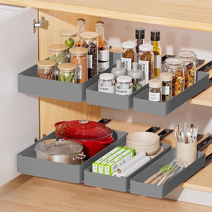 PrecisionAuto Expandable Pull-Out Cabinet Organizer for Kitchen Cabinets - Heavy Duty Slide-Out Drawer, No Drill, Under Shelf Storage for Pots, Pans, Bathroom, Office - Gray, Middle