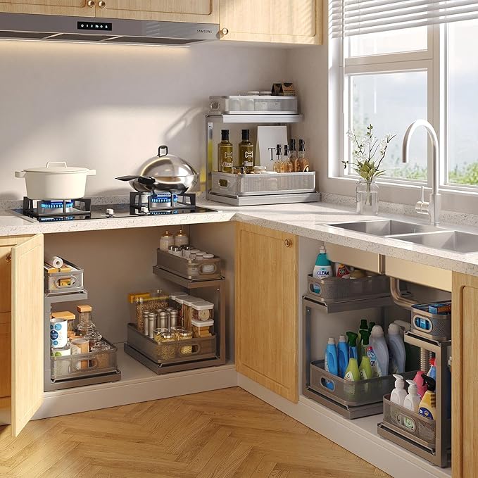 1 Pack-14.5"-15"IN Under Sink Organizers And Storage Height Adjustable,Mesh Under Cabinet Organizer For Kitchen,Bathroom-Gray