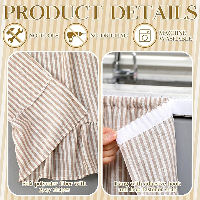 VitalCozy Cabinet Curtain 28" W x 51" L Sink Skirt for Bathroom Kitchen Brown Stripes Ruffles Short Curtain for Home Classroom Farmhouse Rustic Drape Under Desk Privacy Drape for Laundry Room