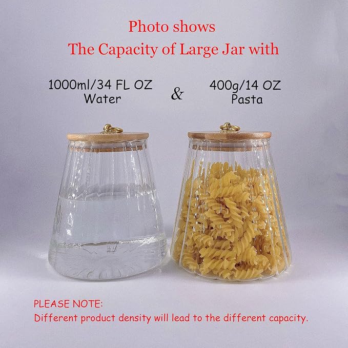 Glass Coffee Nuts Canister Airtight Storage Jar Petal Decorative Container with Bamboo Lid Metal Handle Easy to Grasp 1600ml, 54 FL OZ (Large Conical)