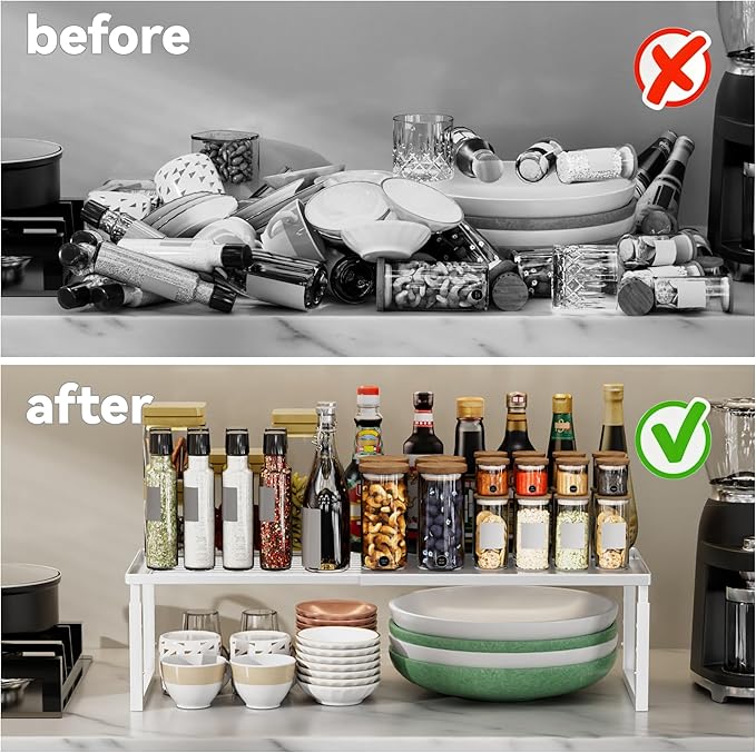 Shelf Organizer Stackable 2 Pack: Expandable (15.8"-25.5") Spice Rack Height Adjustable(6.2"/7.3"/8.5") Kitchen Organizer Countertop Metal Shelves for Pantry Storage White