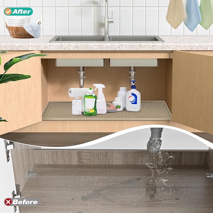 Waterproof Under Sink Mat 28" x 19", Silicone Cabinet Liner, Rubber Protector for Kitchen and Bathroom, Keeps Cabinets Clean, Dry, and Organized (Mint Green)