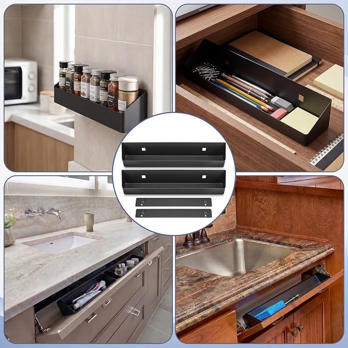 Zonon 2 Set 14 Inch Tip Out Tray for Front Sink Drawer with Hinges and Mounting Plate Includes Screws and No-Drill Adhesive, Metal Pull Out Storage Organizer for Kitchen Bathroom Cabinet