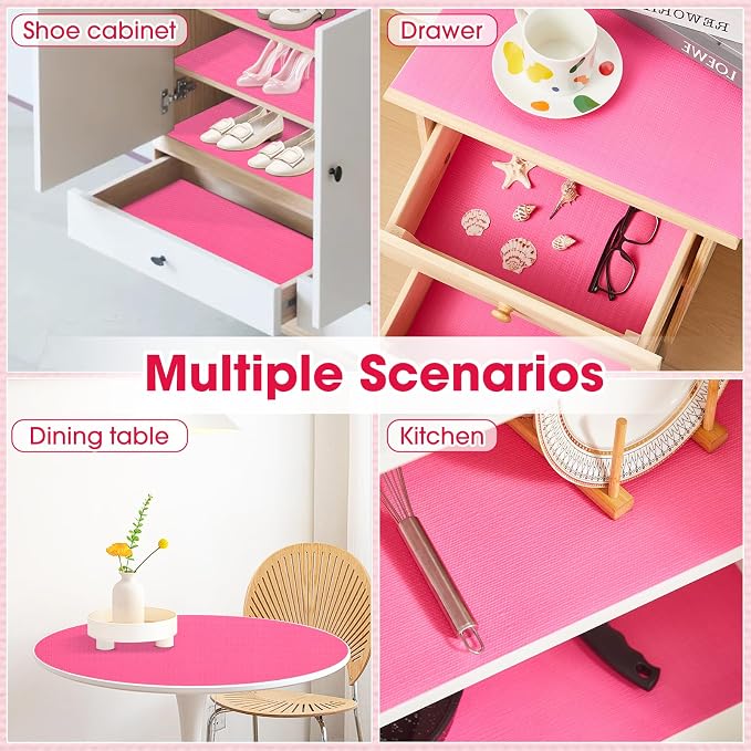 Drawer and Shelf Liner, Non-Slip Kitchen Cabinet Liners Non-Adhesive Thick Strong Grip Waterproof Washable Mats Protect Dresser Shelves Cupboard Bathroom Cabinets, Fuchsia, 12 in X 10 FT