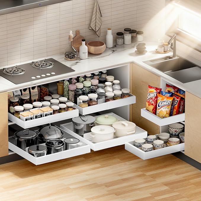 YJHome 1 Pack Pull Out Cabinet Organizer, No Drill Expandable Width 12"-20" & 21" Depth, Adhesive or Screw-In Installation, Magnetic Divider for Custom Storage, for Kitchen Pantry Bathroom Cabinet