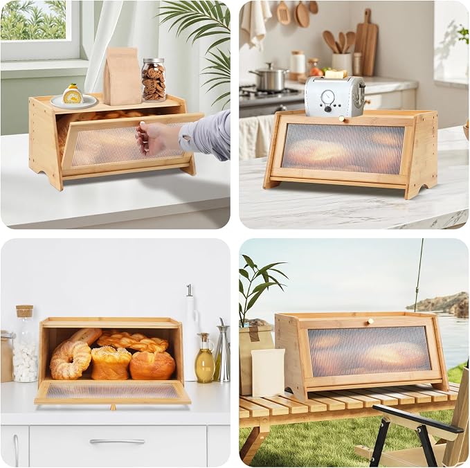 Bamboo Breadbox for Kitchen Countertop, Farmhouse Large Capacity Bread Container Storage Bin with Striped Window Door Panel, Vintage Bread Holder for Bagels, Muffins, Cupcakes & Cookies (Natural)