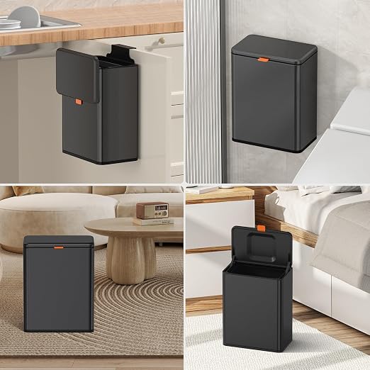 Mbillion Kitchen Compost Bin Hanging Trash Can with Lid 2.1 Gallon Stainless Steel Garbage Can for Kitchen Cabinet Door Mounted Trash Can Under Sink Door RV Bathroom,Brushed Black