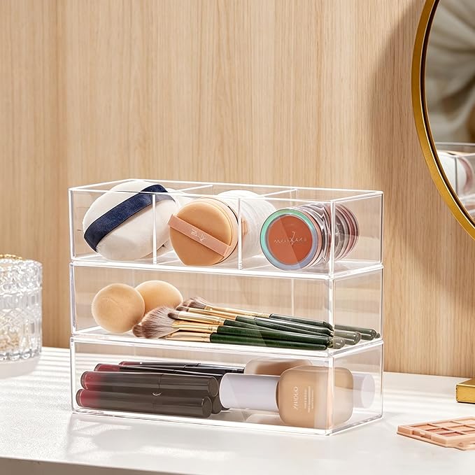 3-Compartment Clear Acrylic Organizer, Makeup Sponge & Puff Holder for Vanity Countertop, Bathroom, Cosmetic Station & Dressing Table