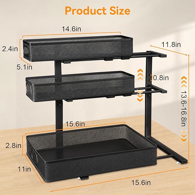 Under Sink Organizer for Bathroom, 3 Tier Adjustable Height Under Sink Storage, Sliding Pull Out Cabinet Organizer Shelf, Metal Multi-Purpose Cabinet Organizer for Kitchen (1 Pack, Black)