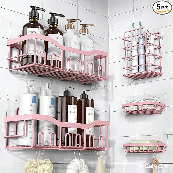 EUDELE 5-Pack Rustproof Stainless Steel Shower Caddy – No Drill Adhesive Bathroom Organizer with Large Capacity, Spacious Shower Shelves for Inside Shower, Kitchen & Home Decor Storage-XL Size