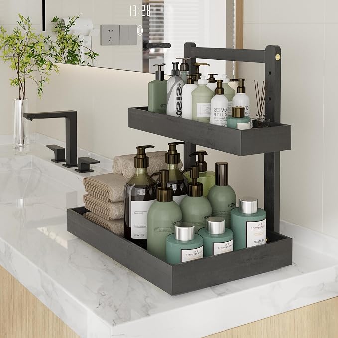 Bamboo Under Sink Storage 2 Tier Pull Out Cabinet Organizer Slide Out Under Sink Storage Shelf Undersink Organizers Shelves for Kitchen Bathroom Organization (Black, 1 Pack)