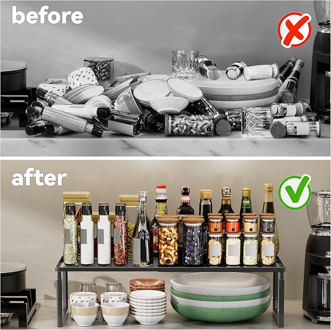 Shelf Organizer Stackable 2 Pack: Expandable (15.8"-25.5") Spice Rack Height Adjustable(6.2"/7.3"/8.5") Kitchen Organizer Countertop Metal Shelves for Pantry Storage Black