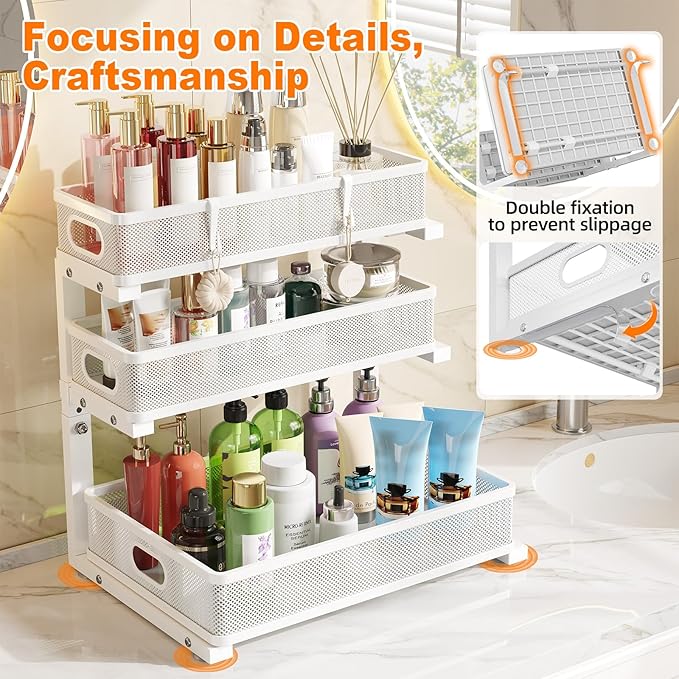 Under Sink Organizer, 2-Pack 3-Tier White Metal Pull Out Cabinet Organizer, Slide Out Under Sink Storage Drawers, Under The Sink Organization and Storage Shelf for Kitchen Bathroom Pantry Laundry Room