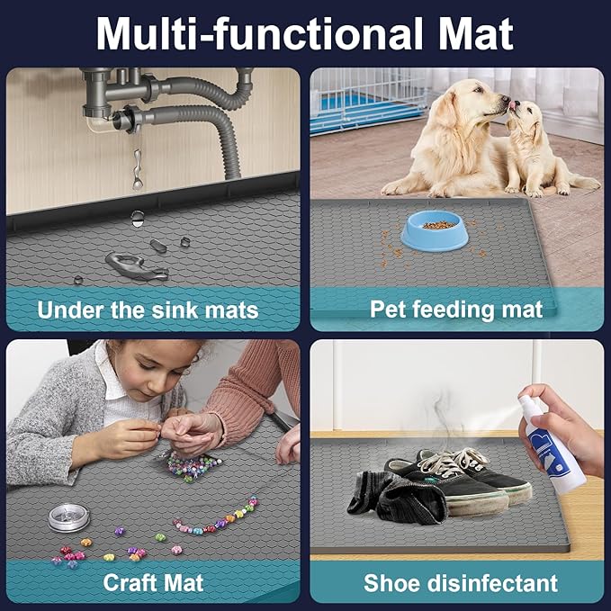 Under Sink Mats for Kitchen Waterproof - 22" x 19" Waterproof Kitchen Cabinet Mat - Flexible Silicone Under Sink Liner - Bathroom Cabinet Mat and Protector for Drips Leaks Spills (Gray)