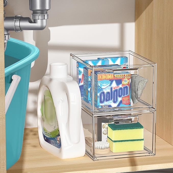 SpaceHacks 3 Pack Stackable Makeup Organizer and Storage, Acrylic Organizers,Clear Plastic Storage Drawer with Handles for Vanity, Undersink, Kitchen Cabinets, Pantry