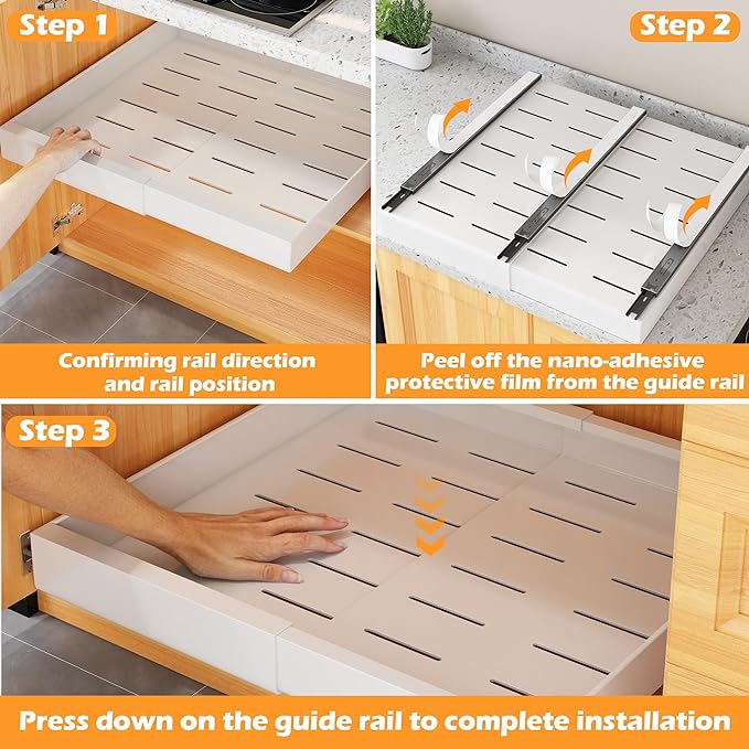 COVAODQ 1 Pack Pull Out Cabinet Organizer Extendable Sliding Slide Out Pantry Shelves Storage No Punch for Kitchen Base Cabinet Organization, Pantry, Bathroom Adjustable Width 12.4" to 20.4"